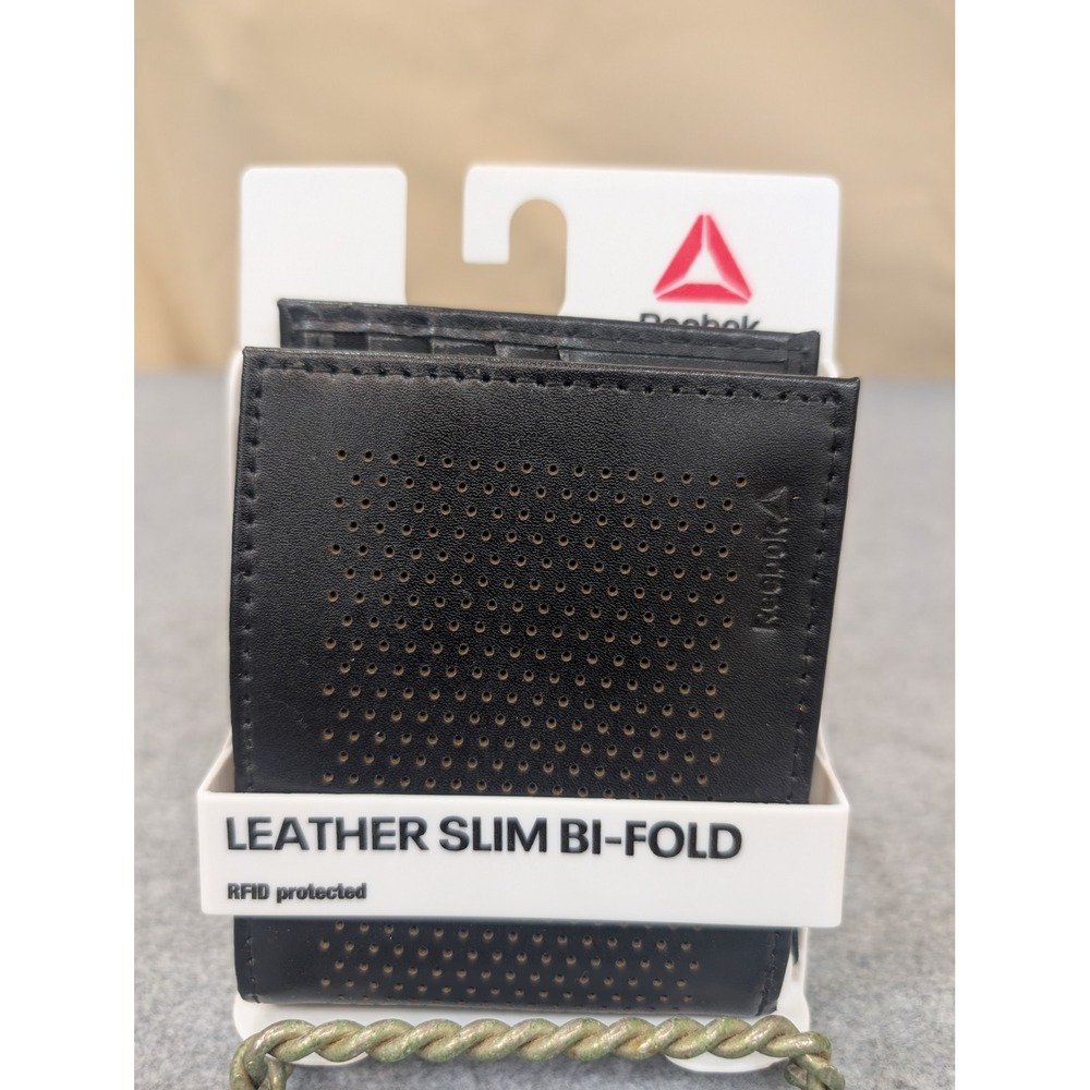 Reebok Leather Slim‎ Bi Fold Wallet RFID Protected Black Perforated Men